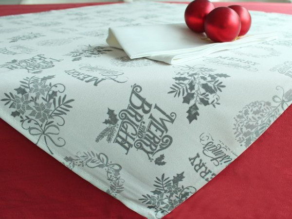Christmas tablecloth Lutz, champagne-silver, with writing, 85x85
