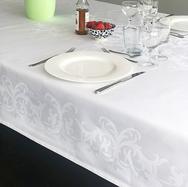 Damask tablecloth Prinzipal, white, with ornamental pattern, 140x240