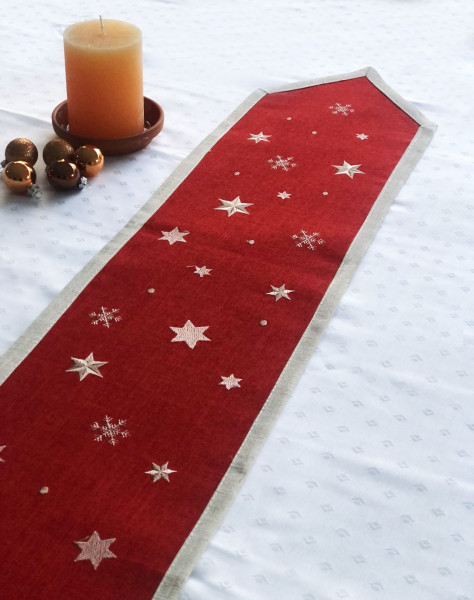 Christmas table runner Max, red with embroidery out of stars, 20x160