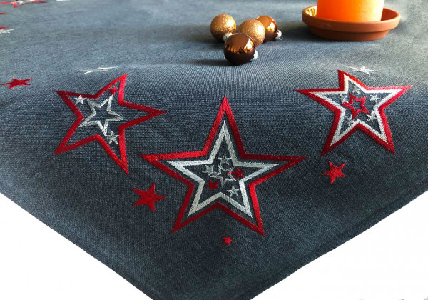 Christmas tablecloth Jens, anthracite-red-white, with stars, 85x85